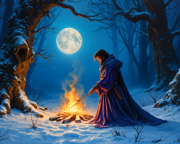 Cloaked Figure by Fire in Snowy Forest at Night