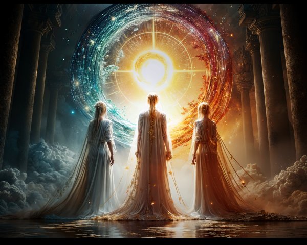 Ethereal Figures Before a Radiant Portal of Light