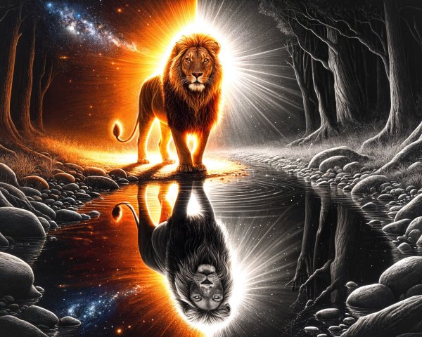 Majestic lion by serene river with cosmic backdrop