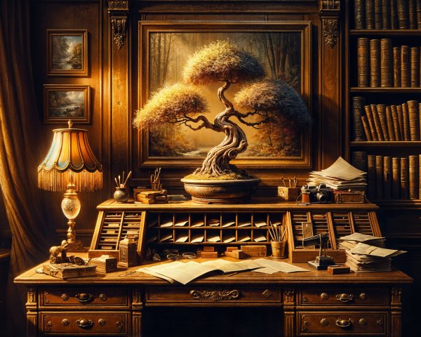 Vintage Wooden Desk with Cozy Scholarly Decor