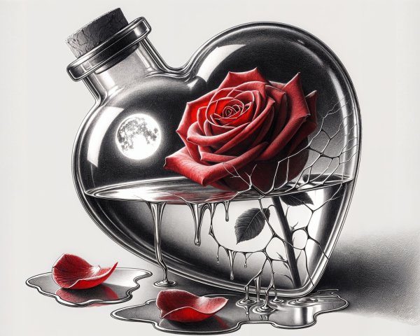Heart-Shaped Glass Vial with Rose and Dark Liquid