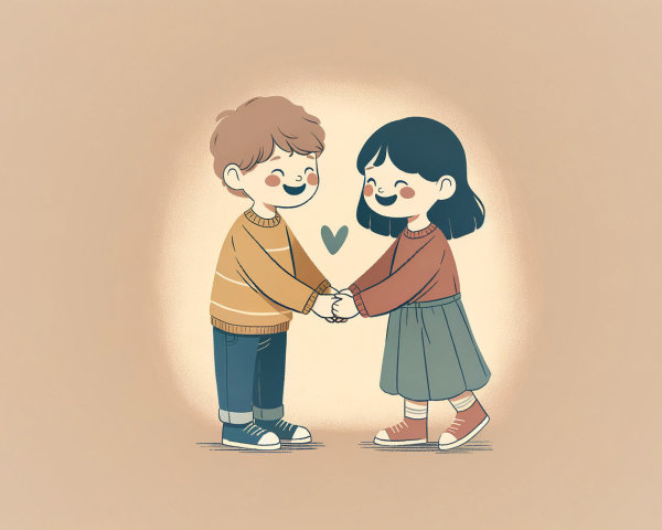 Children Holding Hands with Smiles and Heart Symbol