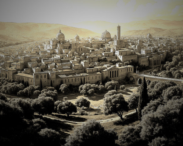 Ancient City Surrounded by Lush Valley Landscape