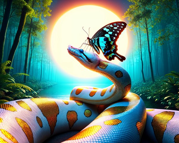 Majestic Python and Butterfly in Luminous Forest Scene