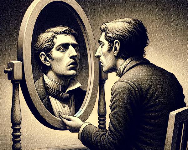 Man gazes into ornate mirror in monochrome tones