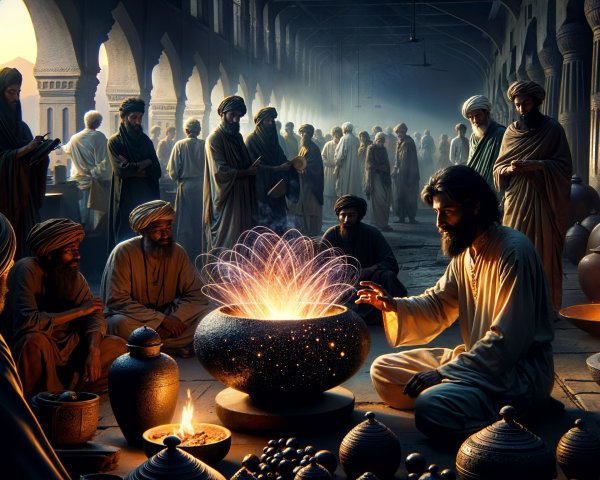Ancient Marketplace Scene with Glowing Pot and Men