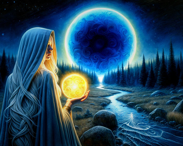 Mysterious Figure by River with Glowing Orb and Moon