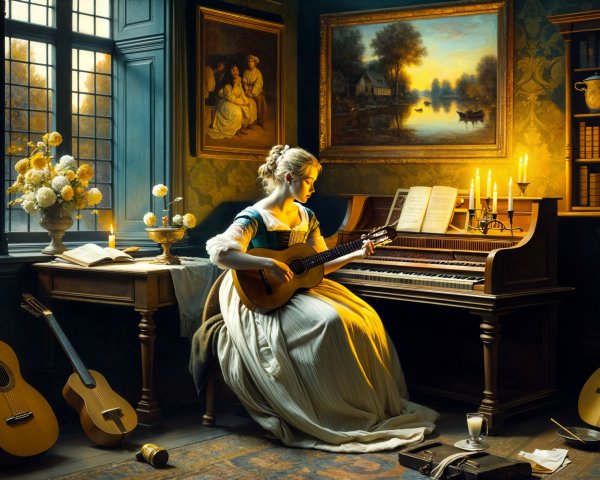 Indoor Scene with Woman Playing Guitar and Piano