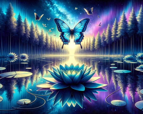 Surreal Pond with Blue Lotus Flowers and Starry Sky