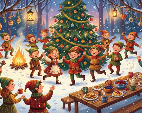 Festive Elf Celebration in a Snowy Forest at Night
