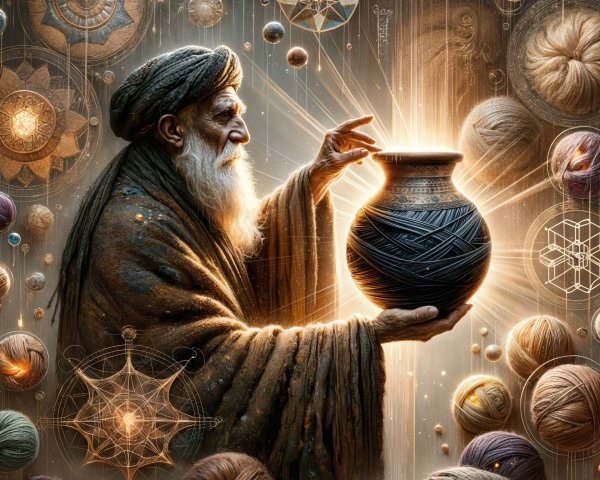 Ancient figure with glowing pot and colorful yarns