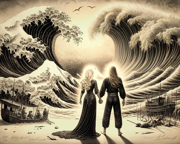 Couple Facing Crashing Waves in Surreal Shore Scene