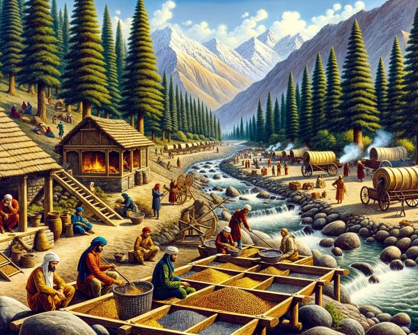 Mountain Settlement by a Lively River Scene