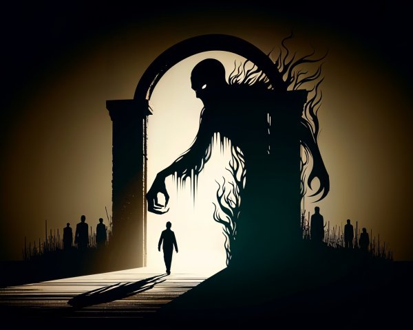 Silhouetted Figure Approaches Ominous Archway Scene