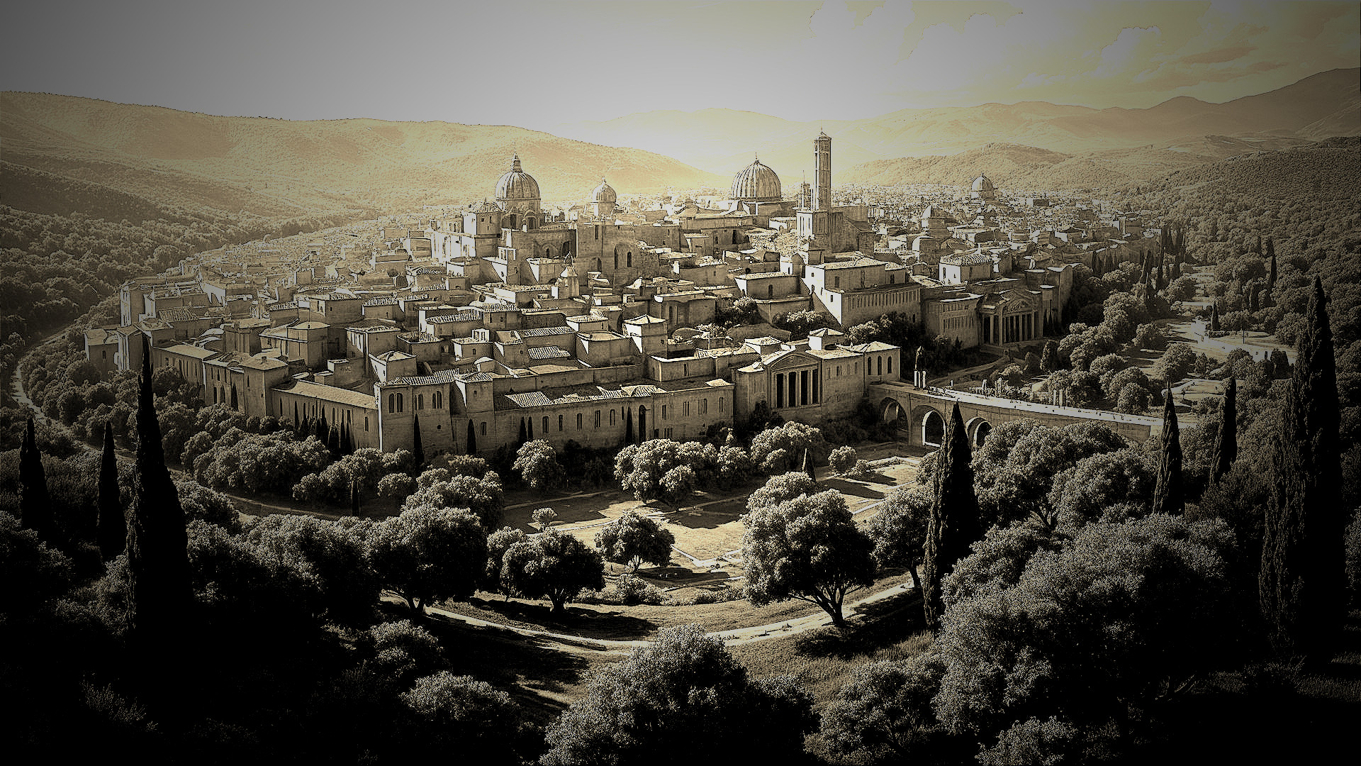 Ancient City Surrounded by Lush Valley Landscape
