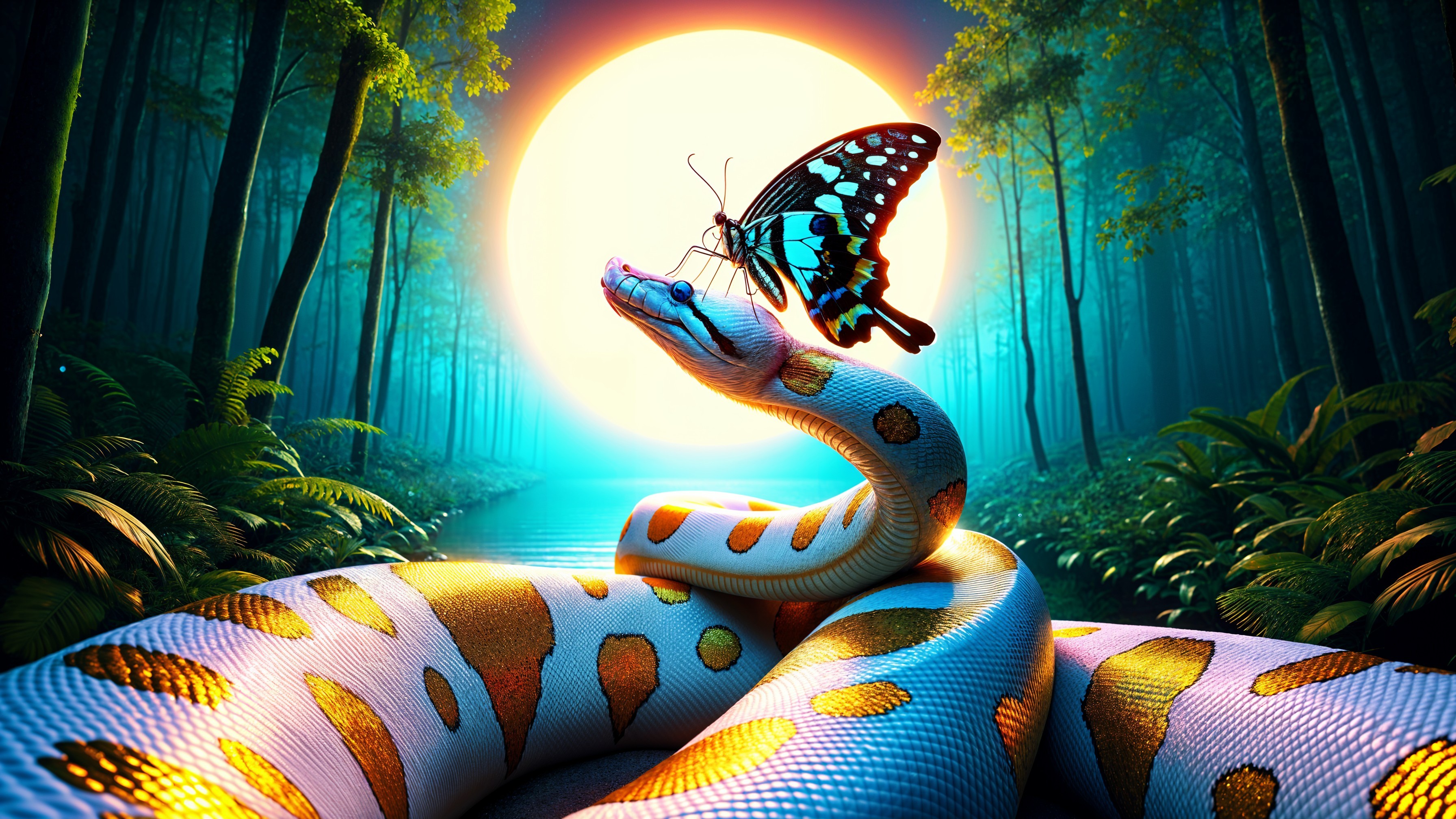 Majestic Python and Butterfly in Luminous Forest Scene