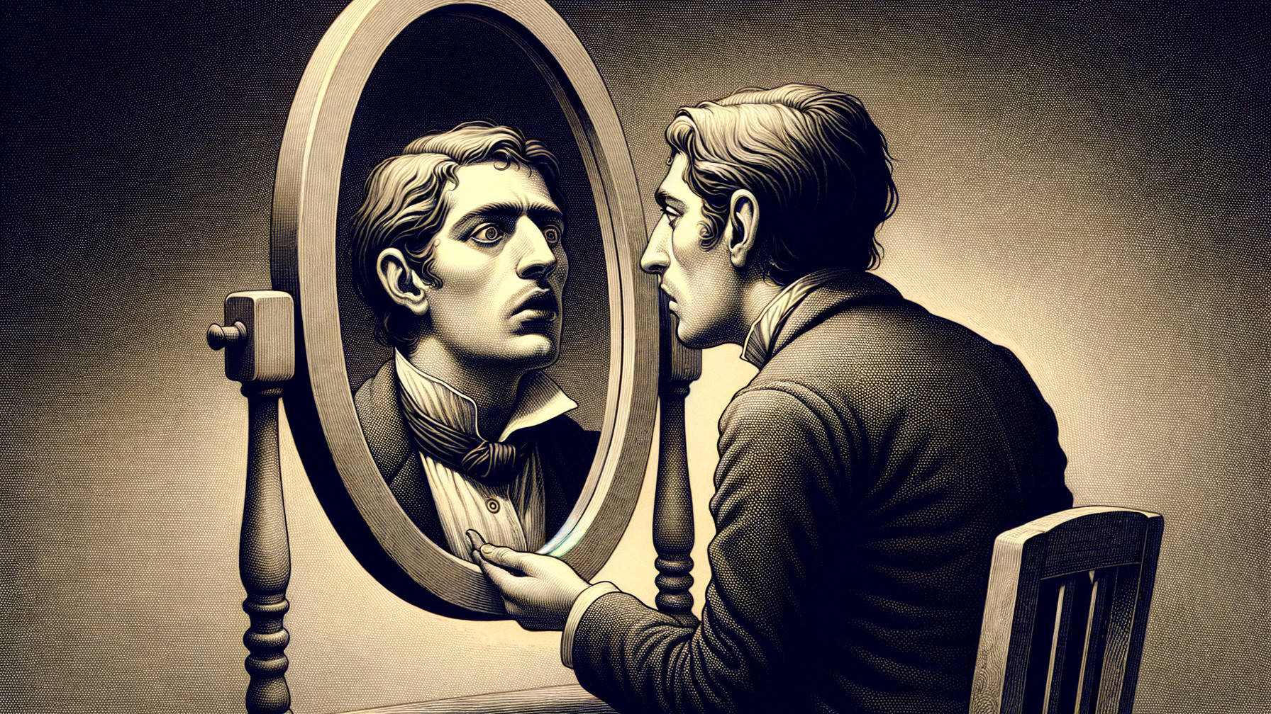 Man gazes into ornate mirror in monochrome tones