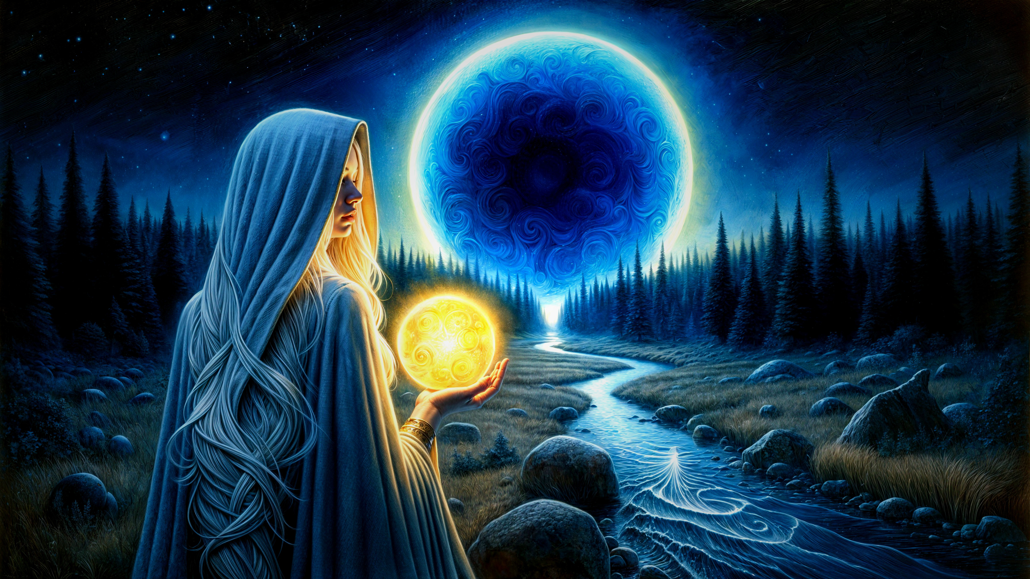 Mysterious Figure by River with Glowing Orb and Moon