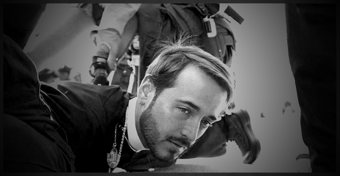 Clerical Figure Restrained by Law Enforcement Officers