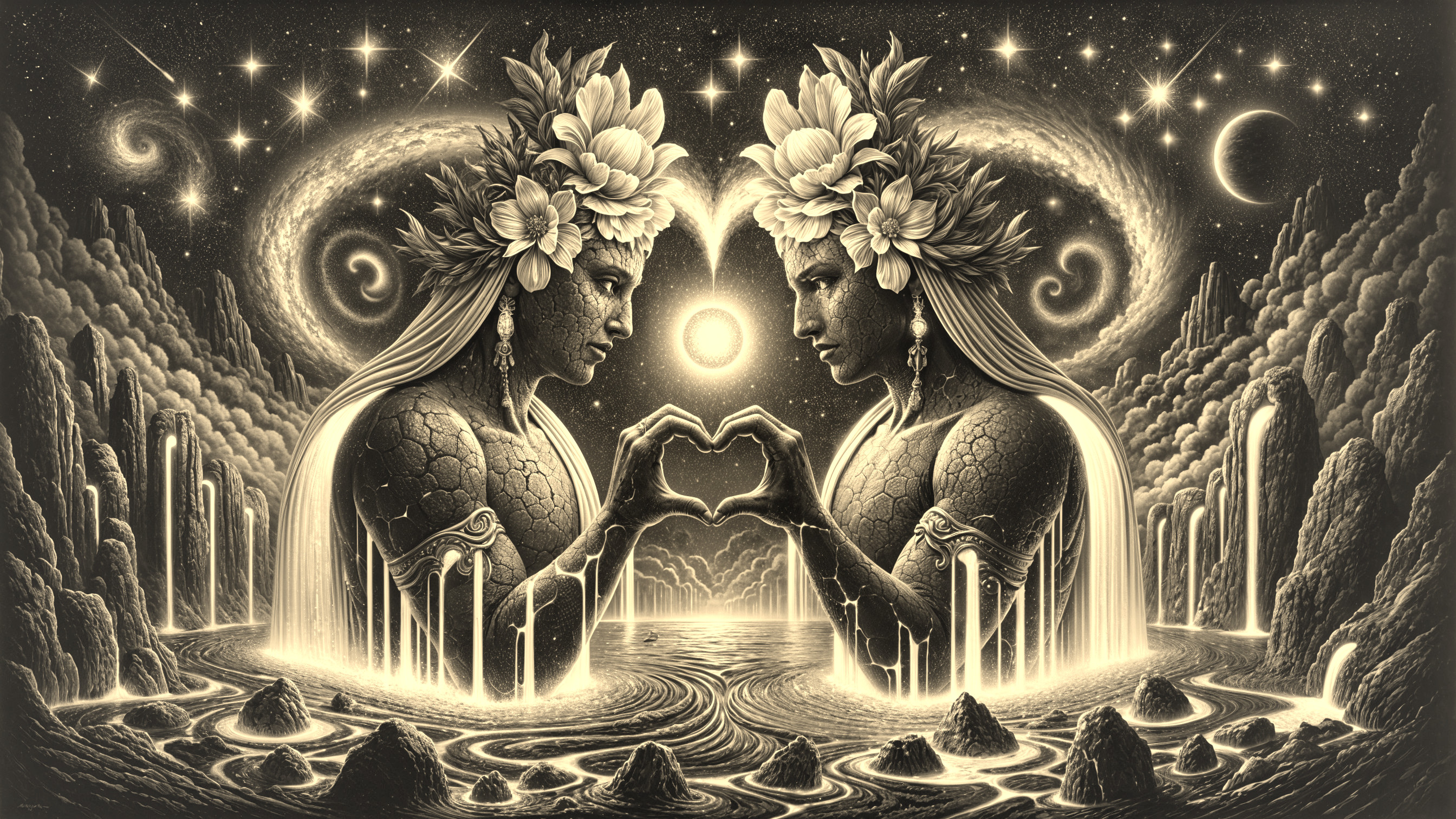 Ethereal Figures in Cosmic Heart-Shaped Embrace