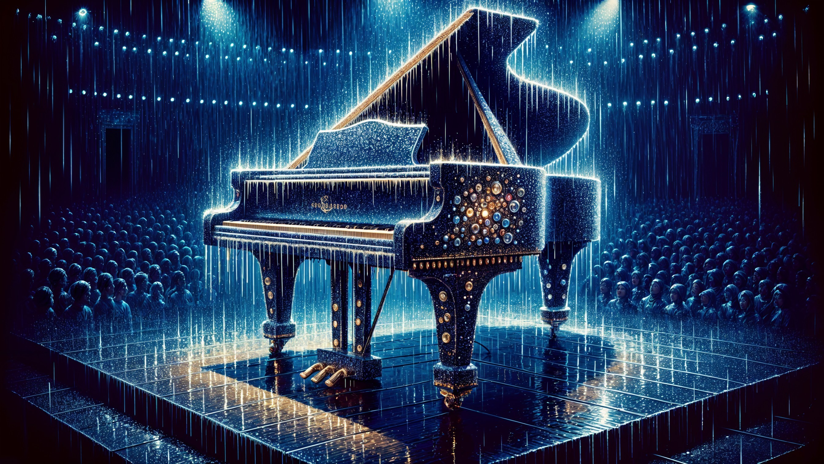 Illuminated Grand Piano on Stage with Rain Effects