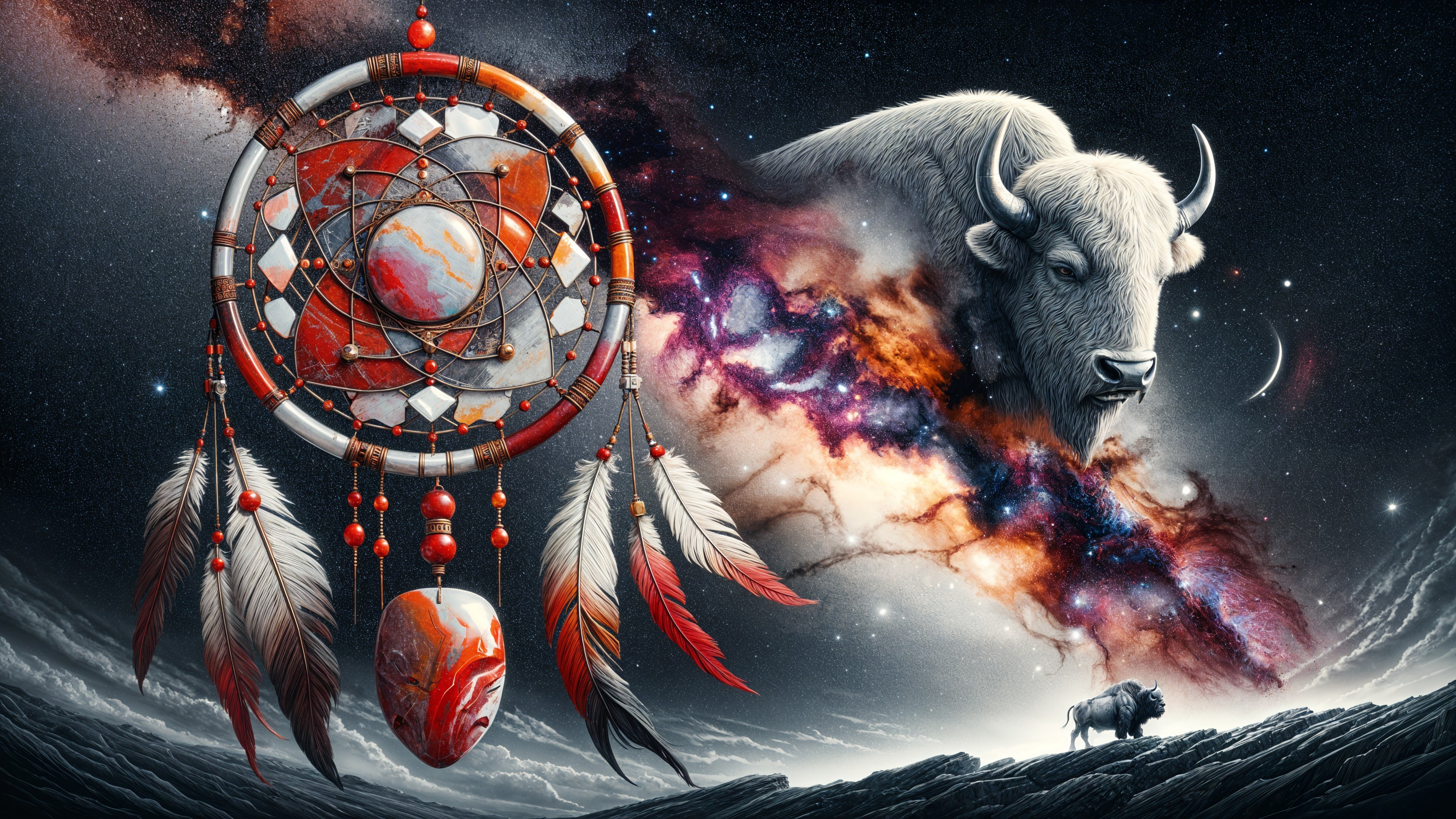 Mystical Dreamcatcher and Bison in Cosmic Setting