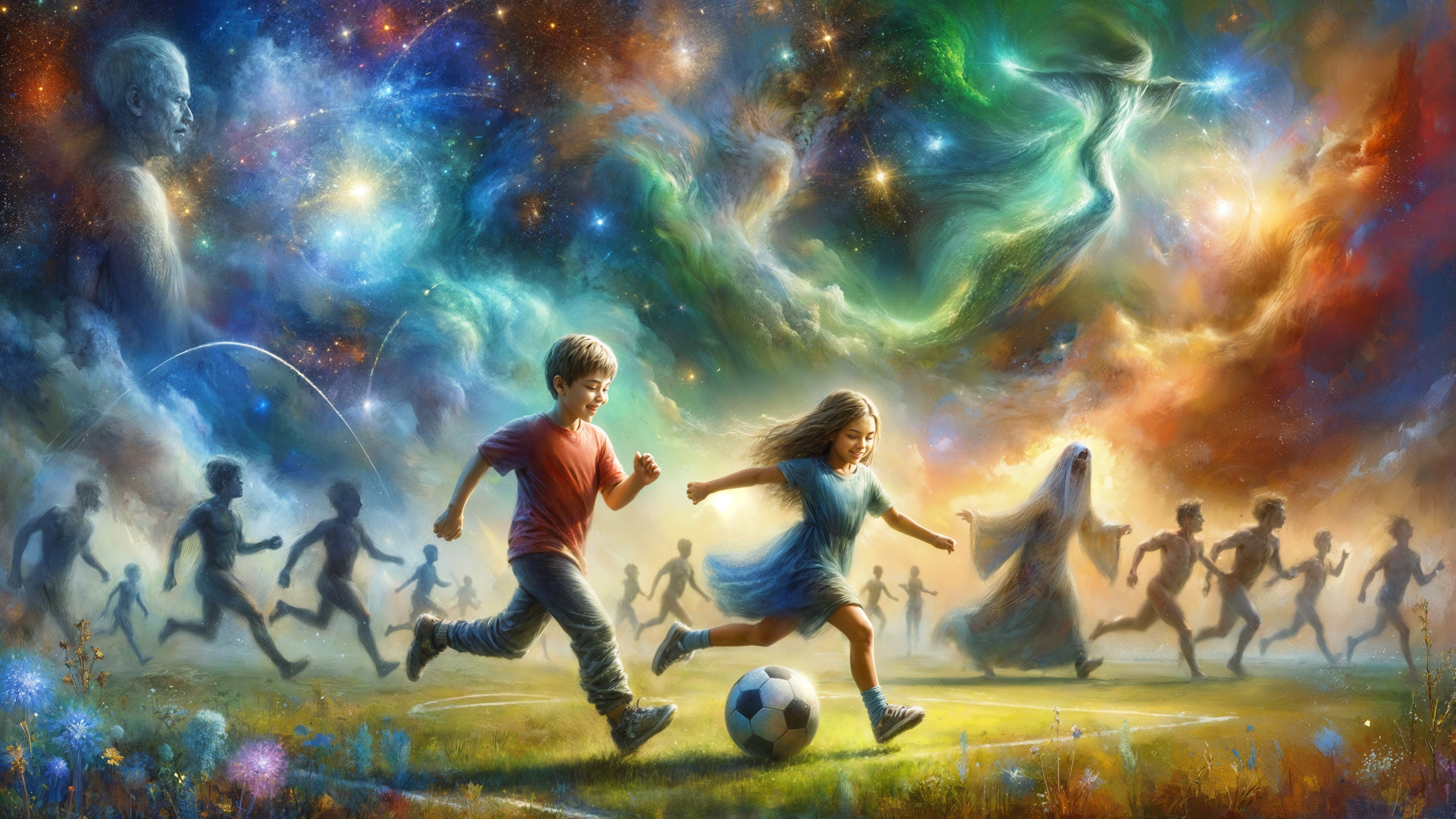 Children Playing Soccer in a Cosmic Landscape