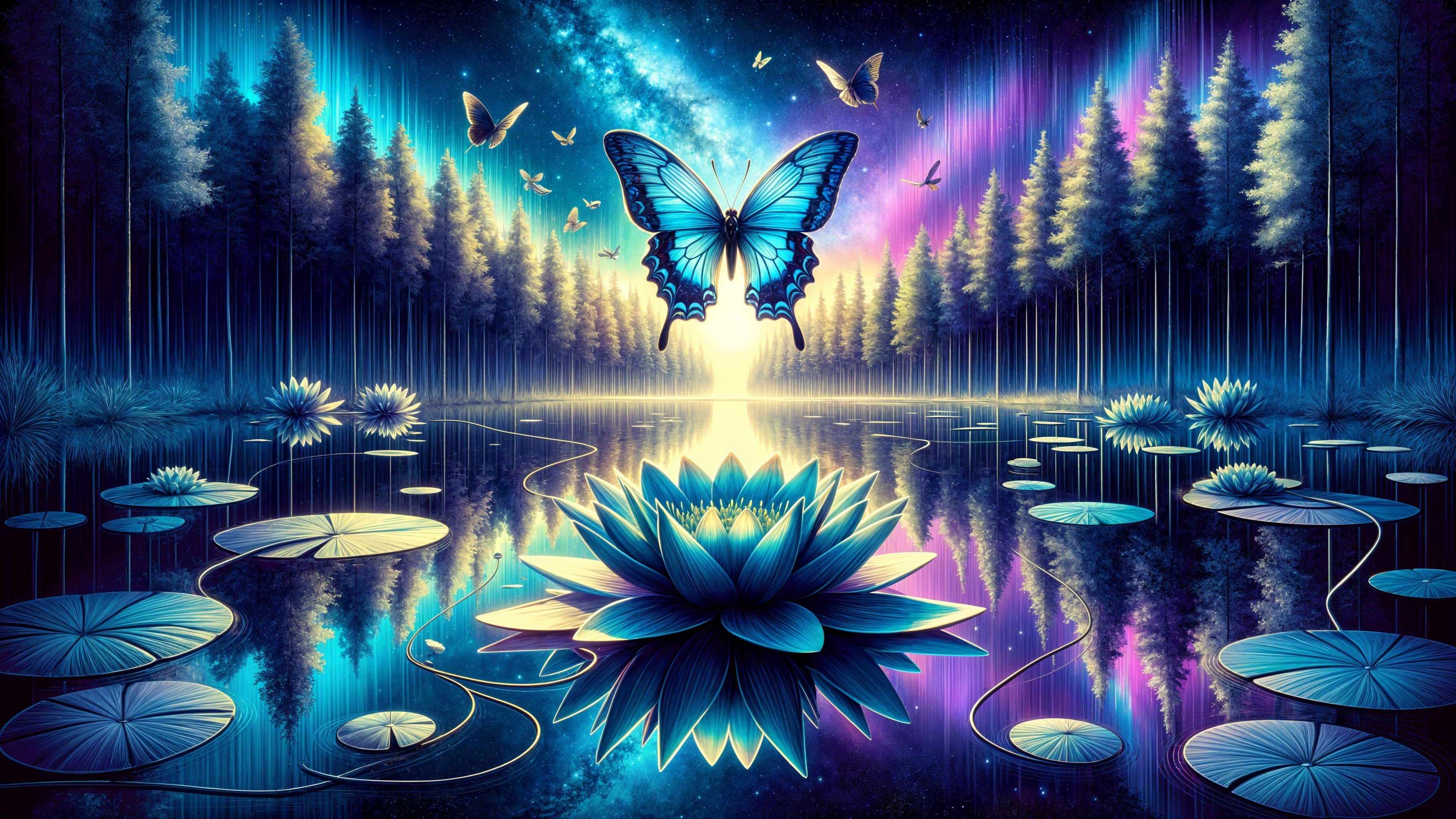 Surreal Pond with Blue Lotus Flowers and Starry Sky