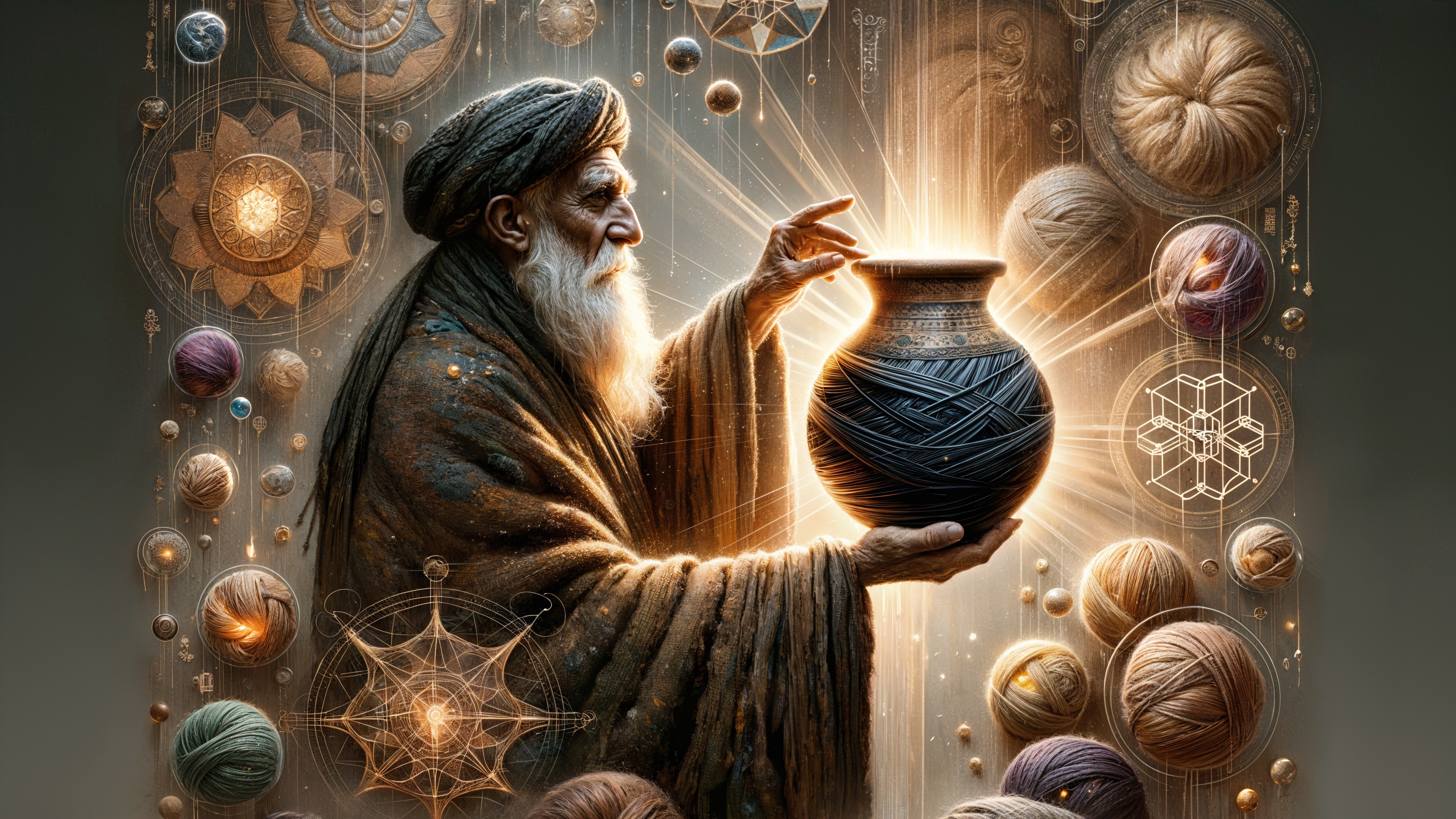 Ancient figure with glowing pot and colorful yarns