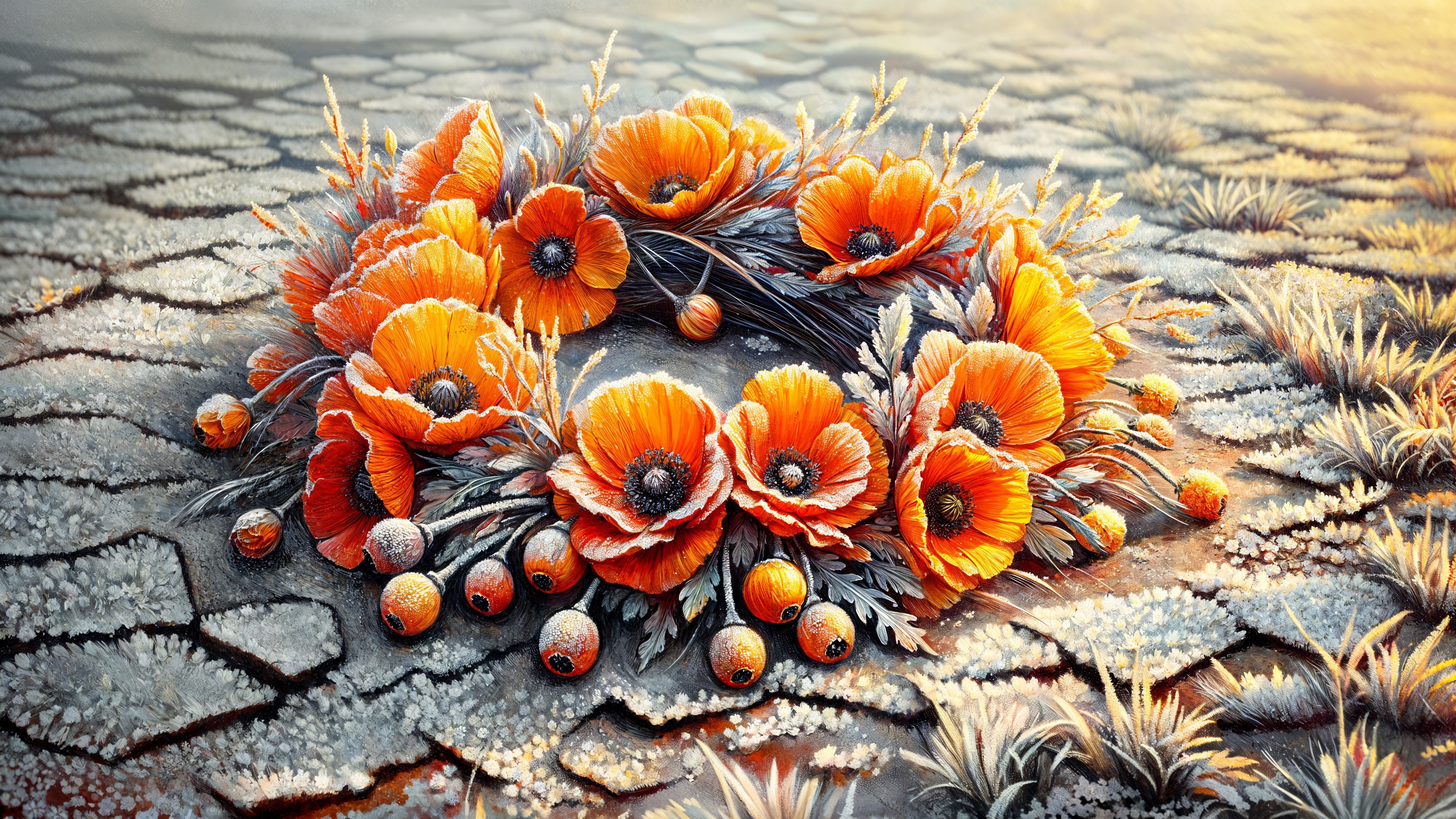 Vibrant Floral Arrangement on Cracked Dry Ground