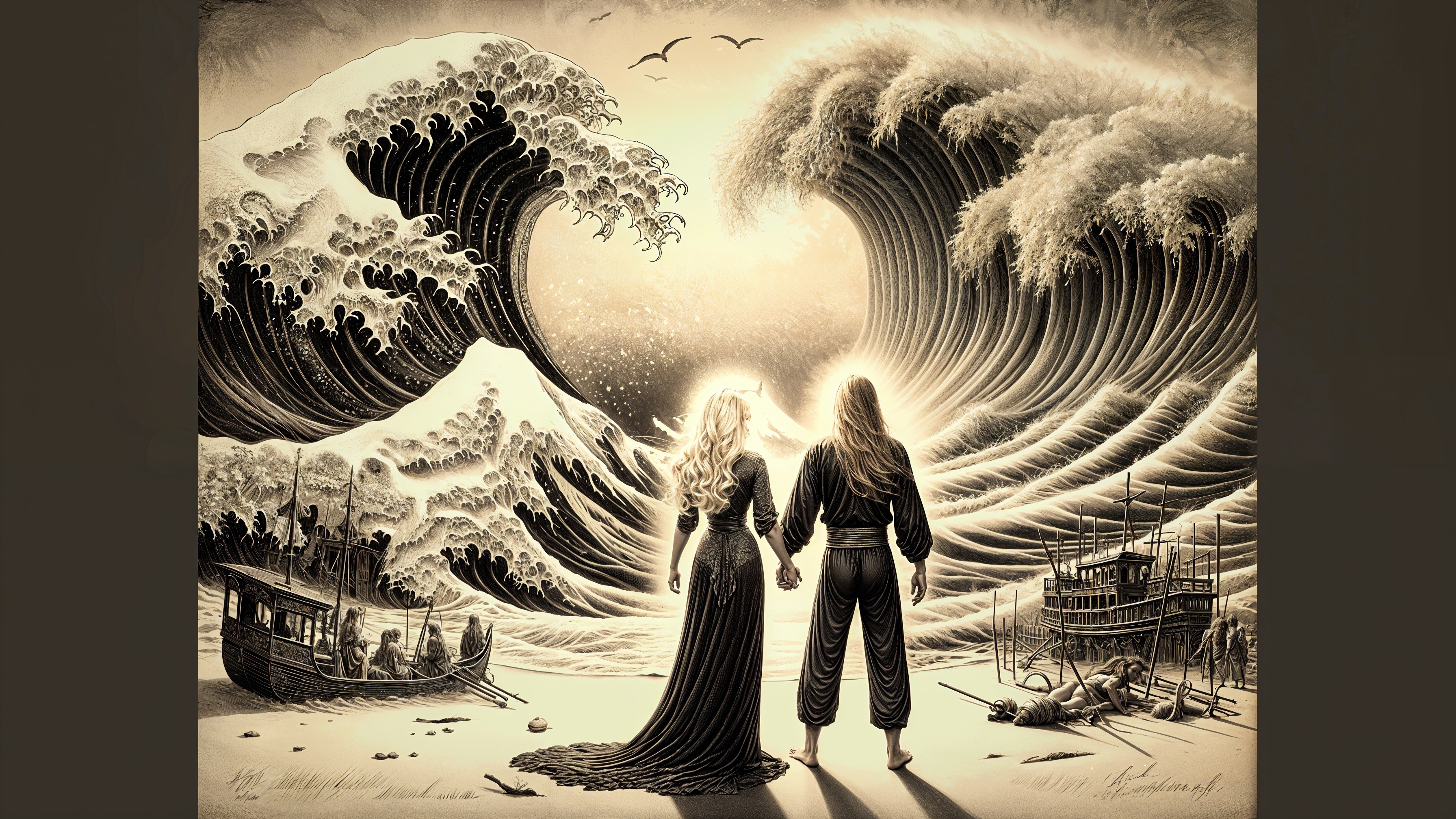 Couple Facing Crashing Waves in Surreal Shore Scene