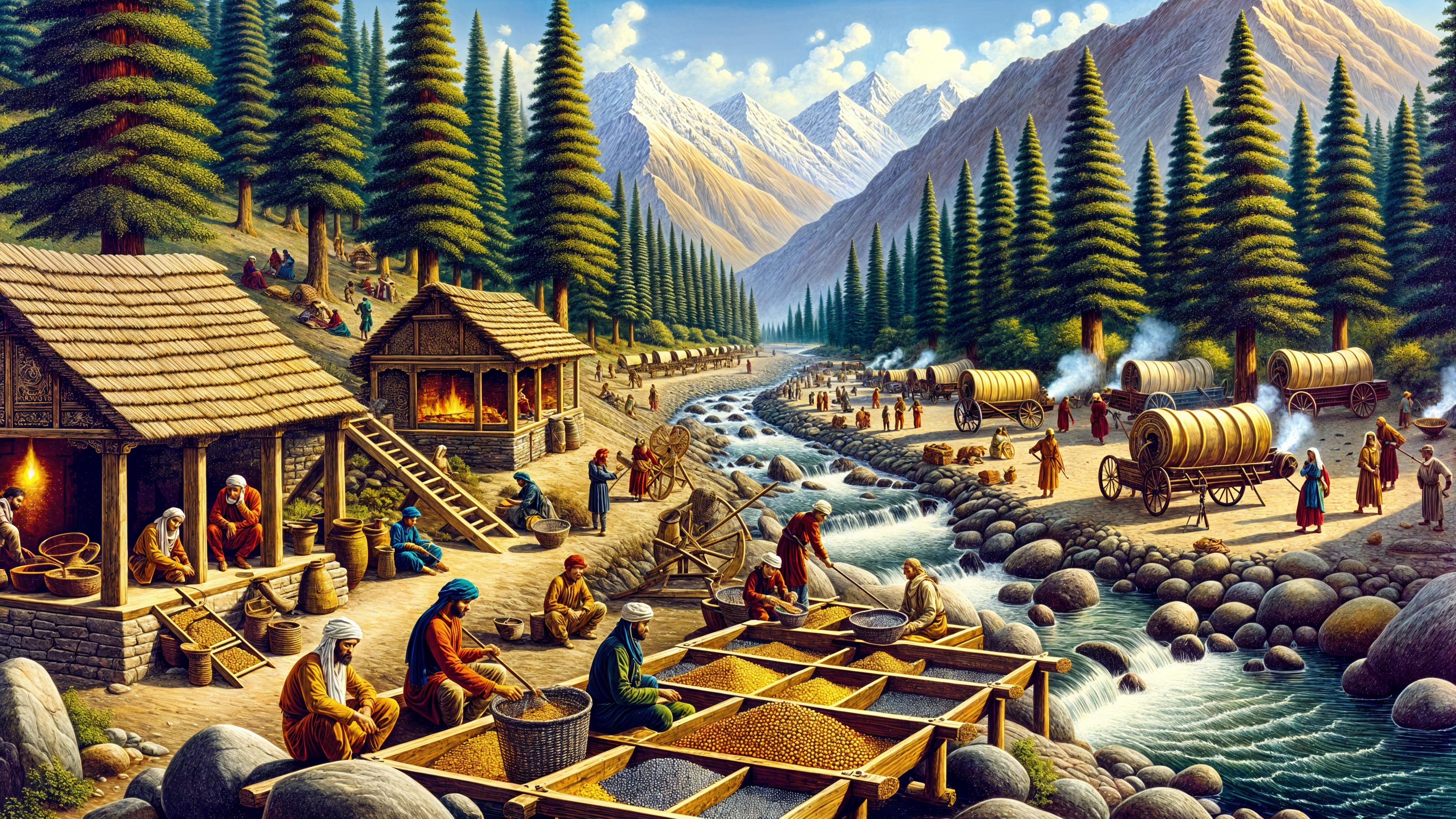 Mountain Settlement by a Lively River Scene