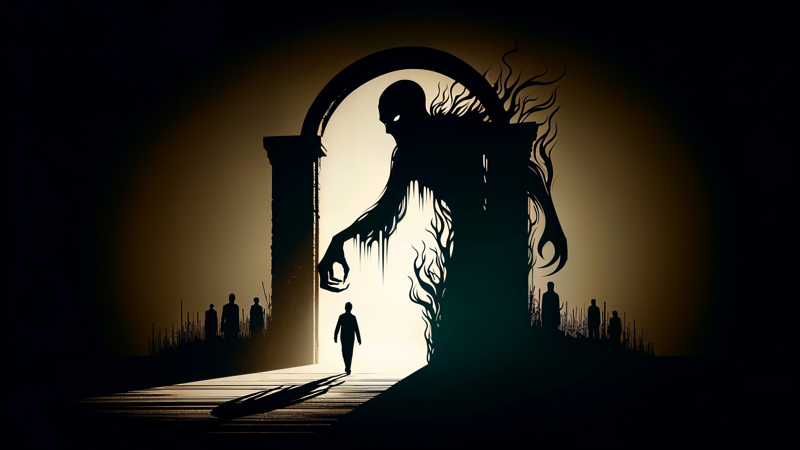 Silhouetted Figure Approaches Ominous Archway Scene