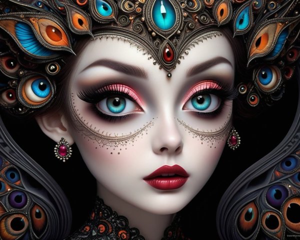 Surreal Female Figure with Blue Eyes and Intricate Makeup