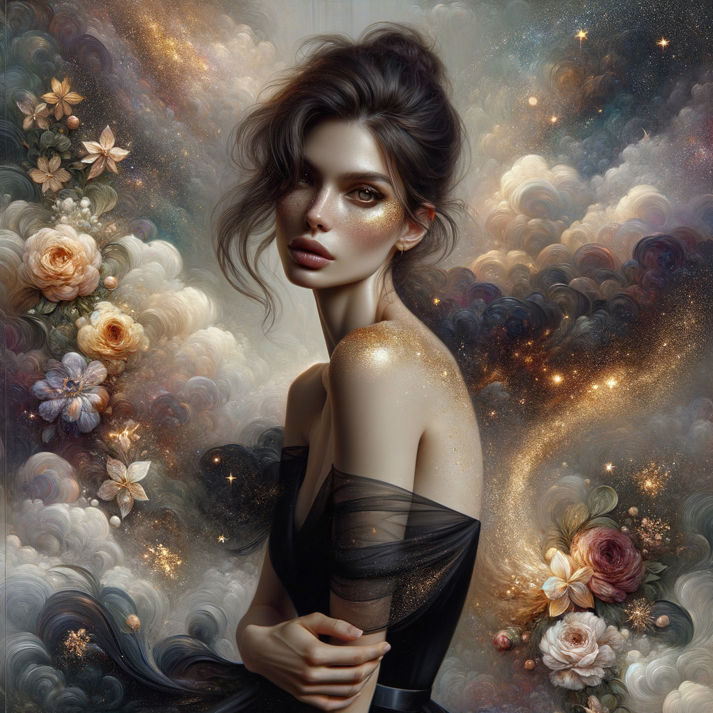 Portrait of a woman with flowing hair in a dreamy setting