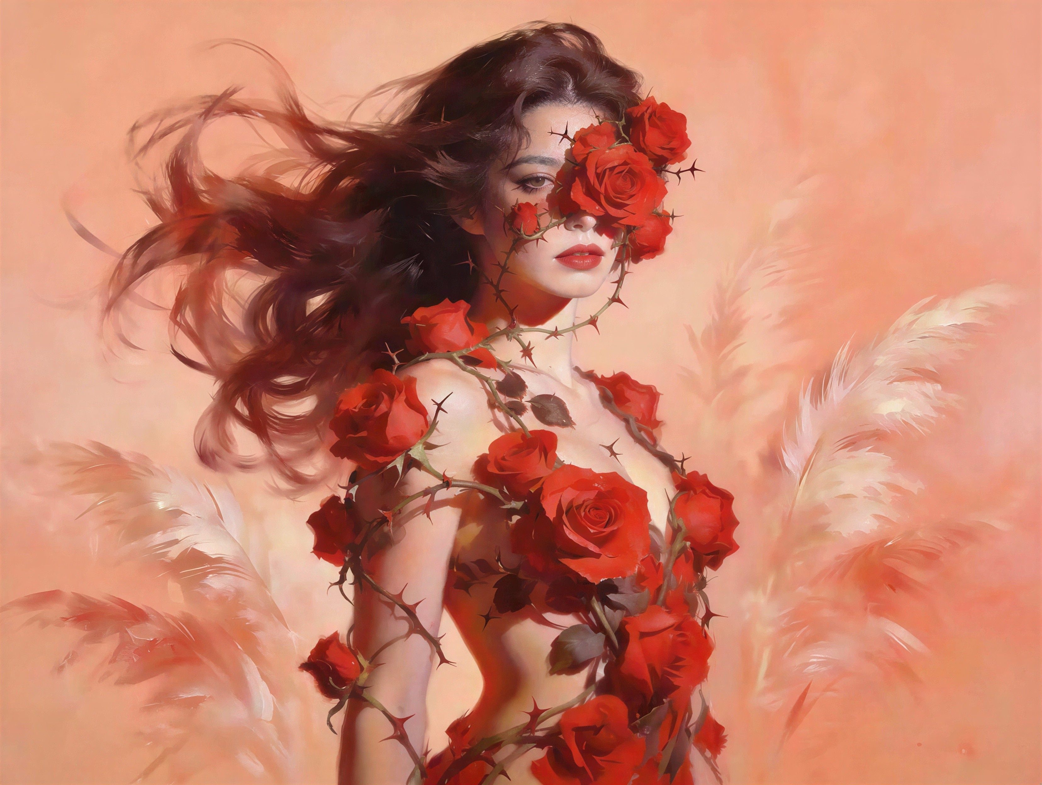 Frontal portrait of a woman with roses and vines