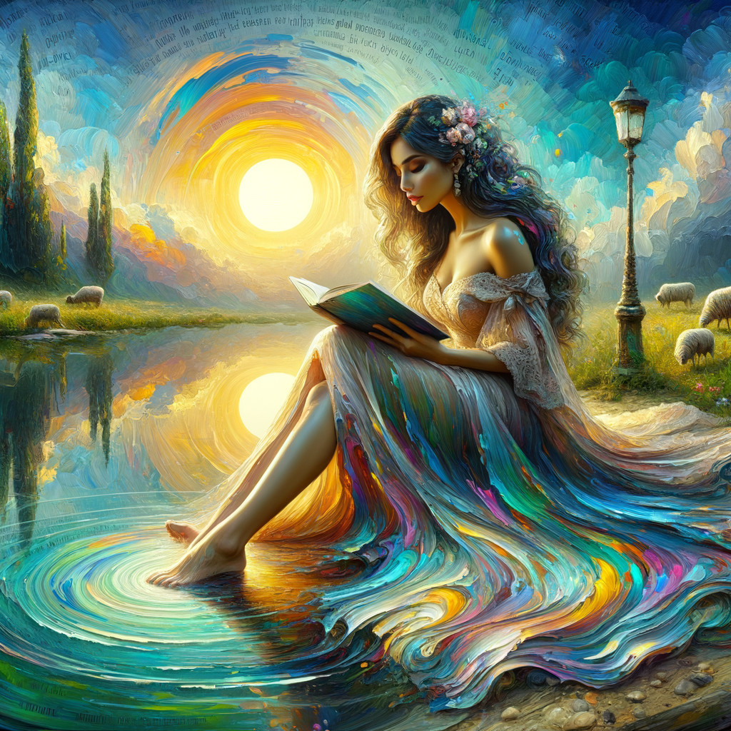 Young Woman Reading by a Tranquil Lake at Sunset