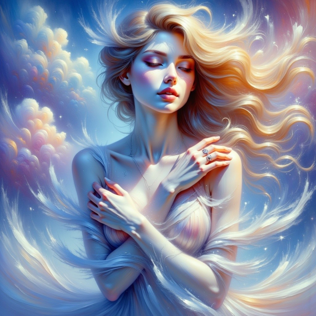 Serene Woman with Blonde Hair Against Dreamy Sky