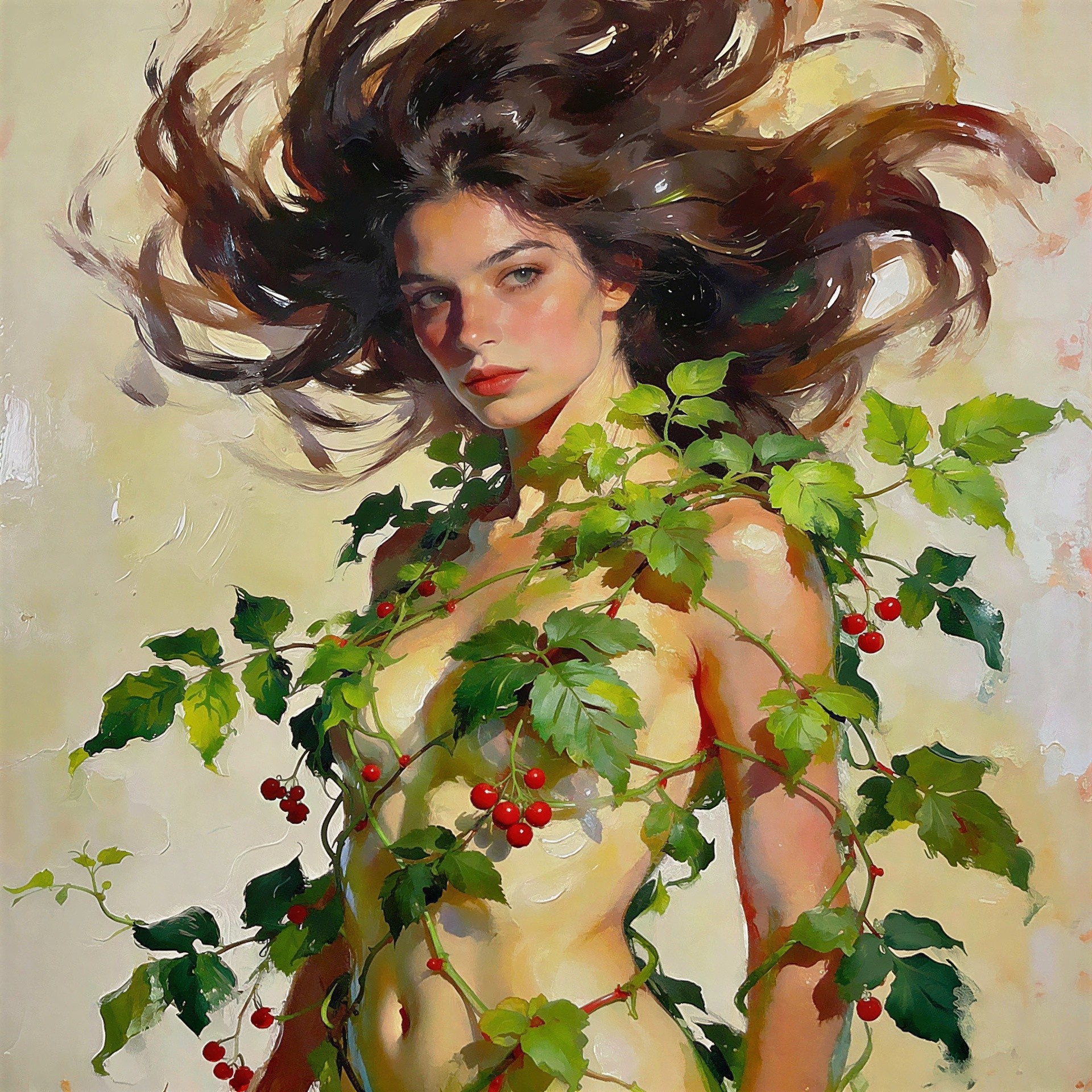 Impressionistic Oil Painting of a Nude Woman with Vines