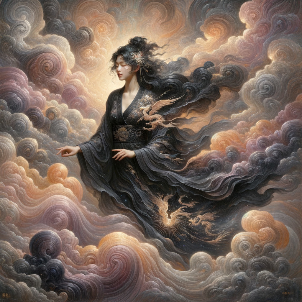 Mystical Figure in Black Robe Amidst Pastel Clouds