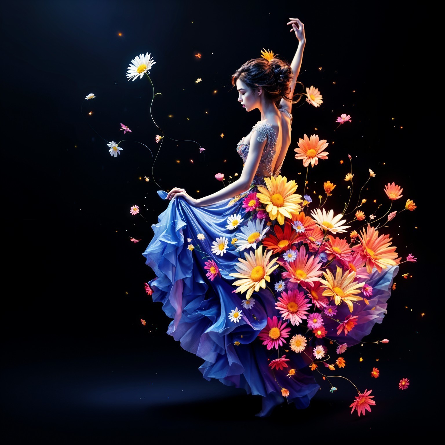 Elegant Woman in Flowing Blue Gown Surrounded by Flowers