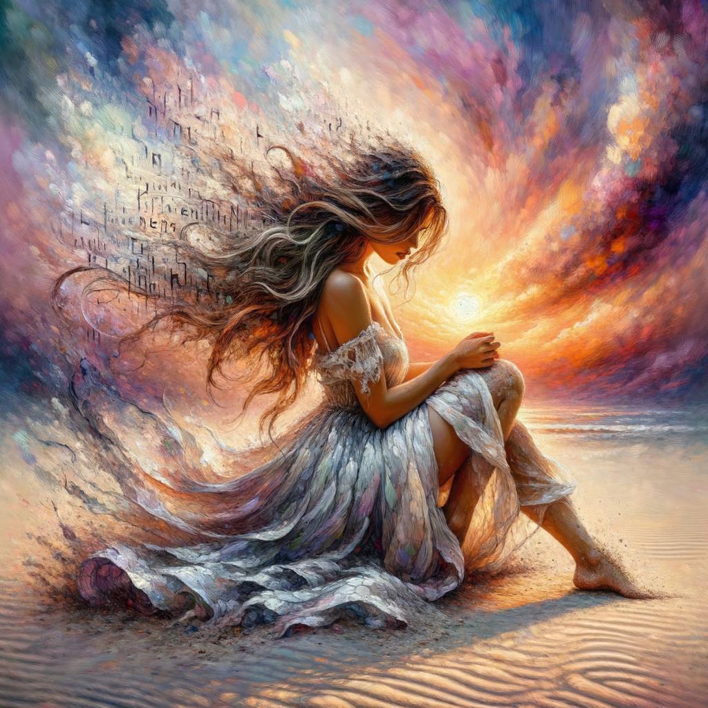 Serene Beach Scene with Sunset and Ethereal Cityscapes