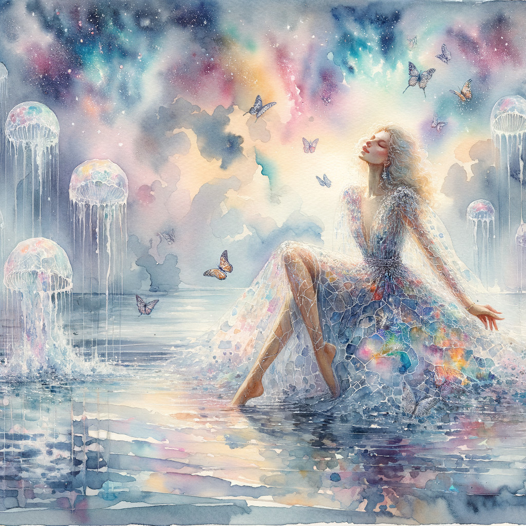 Watercolor Scene of Serene Figure with Jellyfish and Butterflies