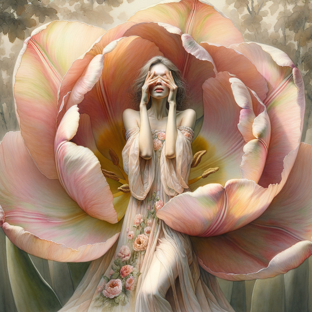 Serene Woman Surrounded by Pastel Flower Petals