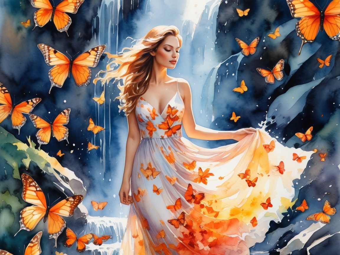 Woman in White Dress with Butterflies by Waterfall