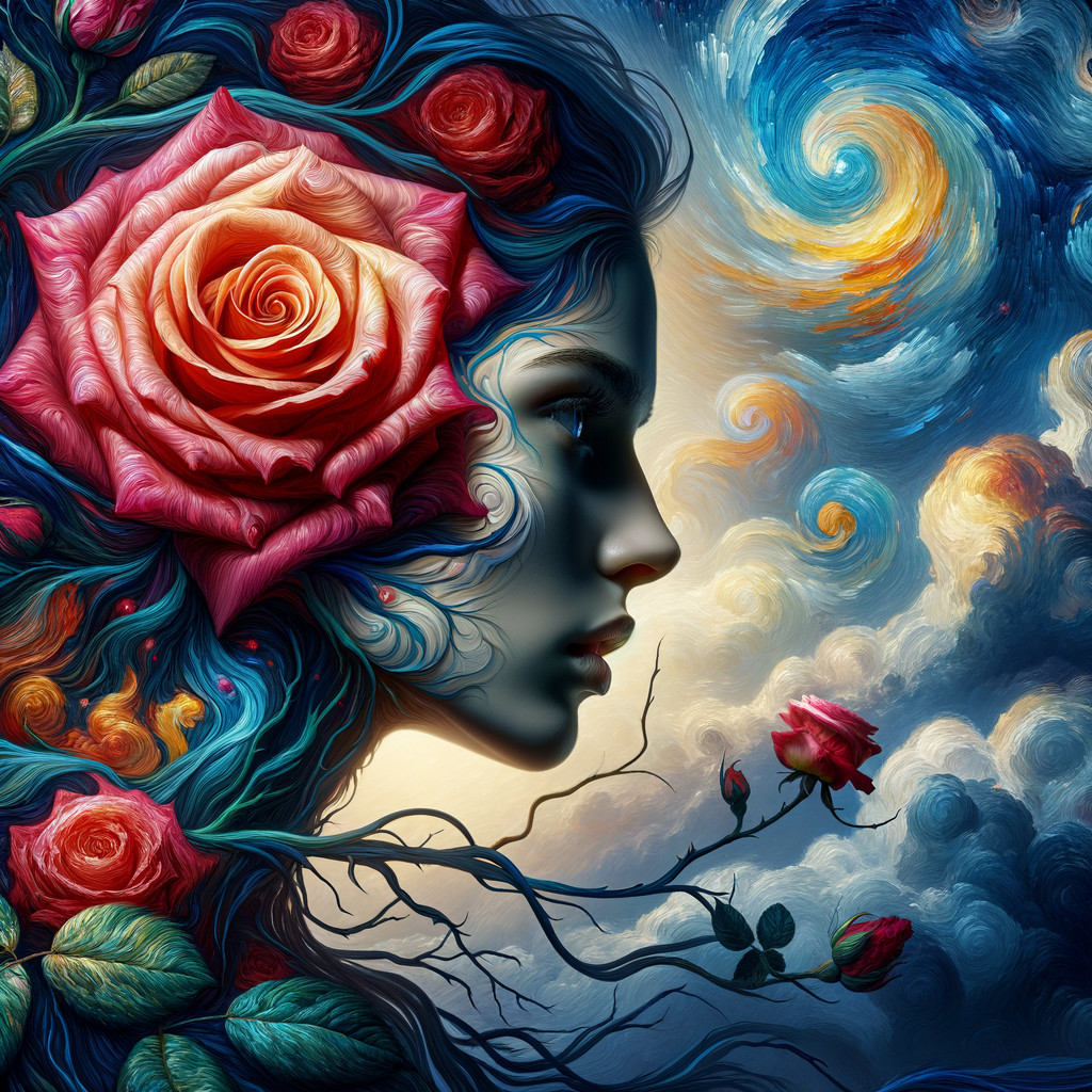 Surreal Portrait of Woman with Roses and Cosmic Colors