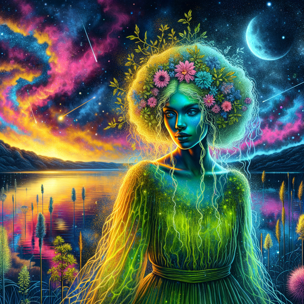 Ethereal Figure in Cosmic Landscape by Tranquil Lake