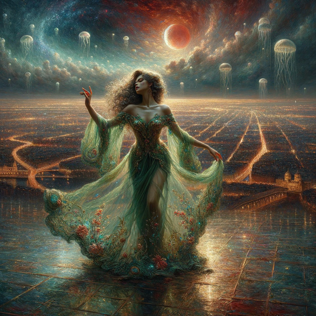 Mystical figure in floral gown in ethereal landscape