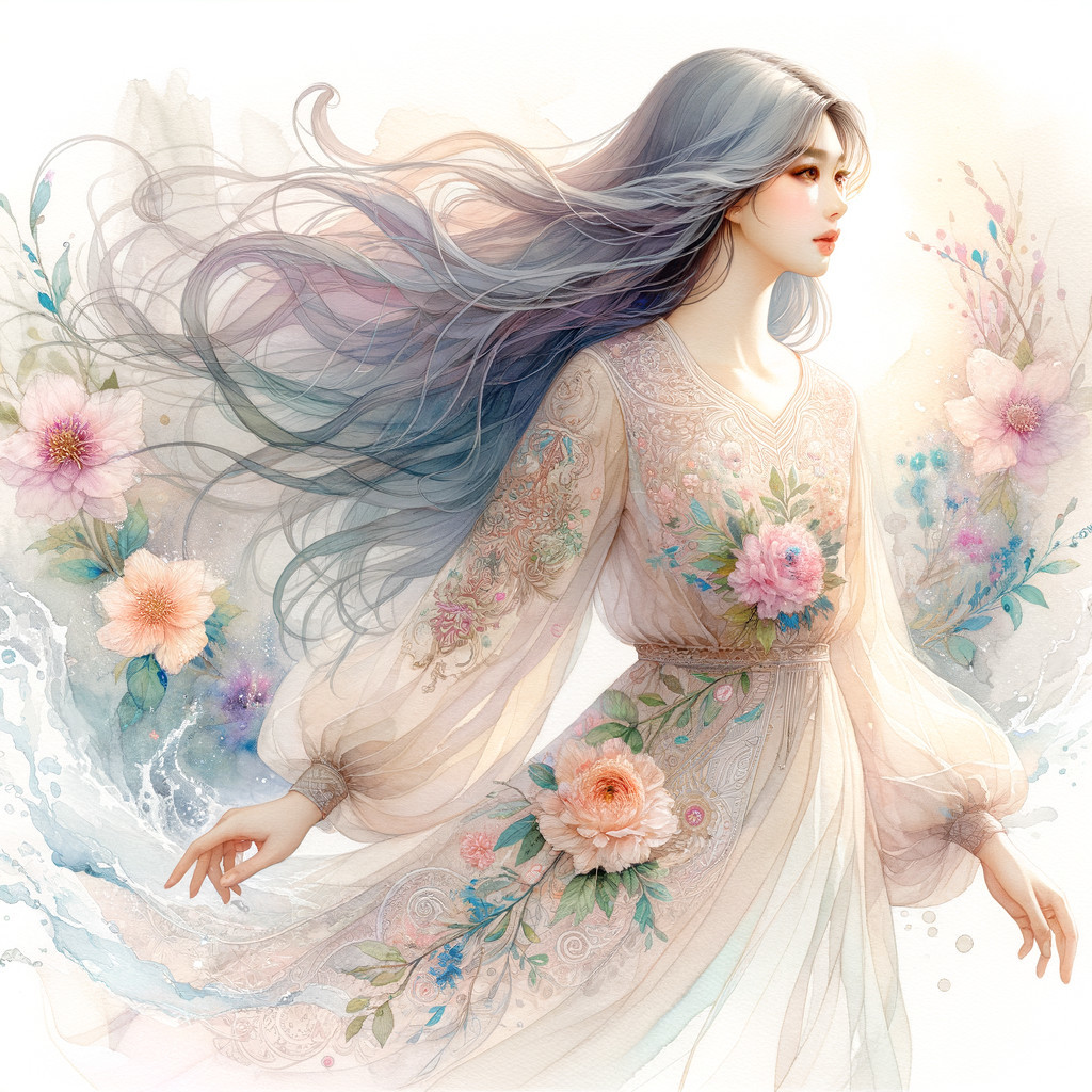 Serene figure in ethereal floral dress with blossoms
