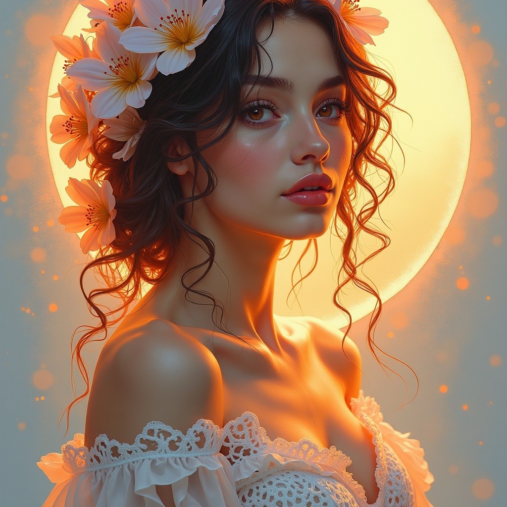Portrait of a Young Woman with Floral Hair Accents